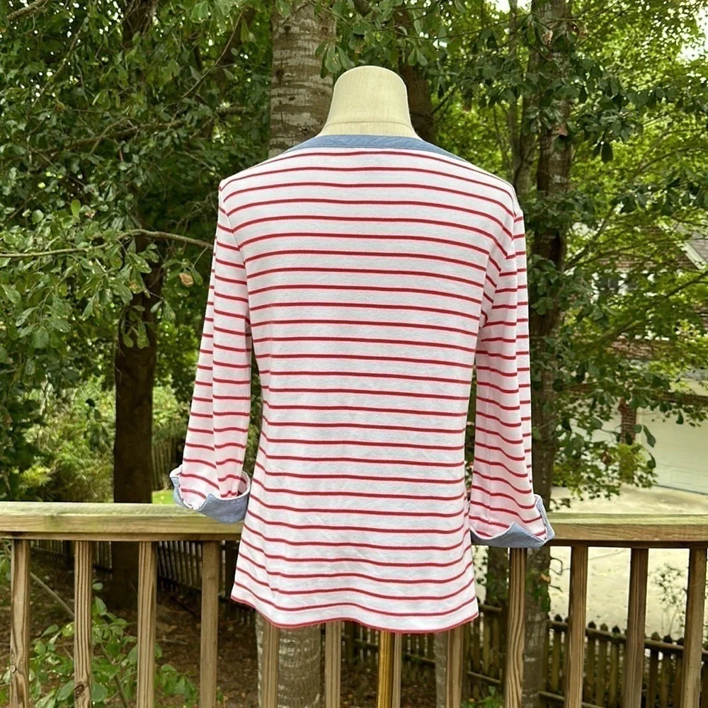 NAUTICAL RED White Striped SAILOR Top Chambray Trim Crew Neck Medium - Picture 4 of 8